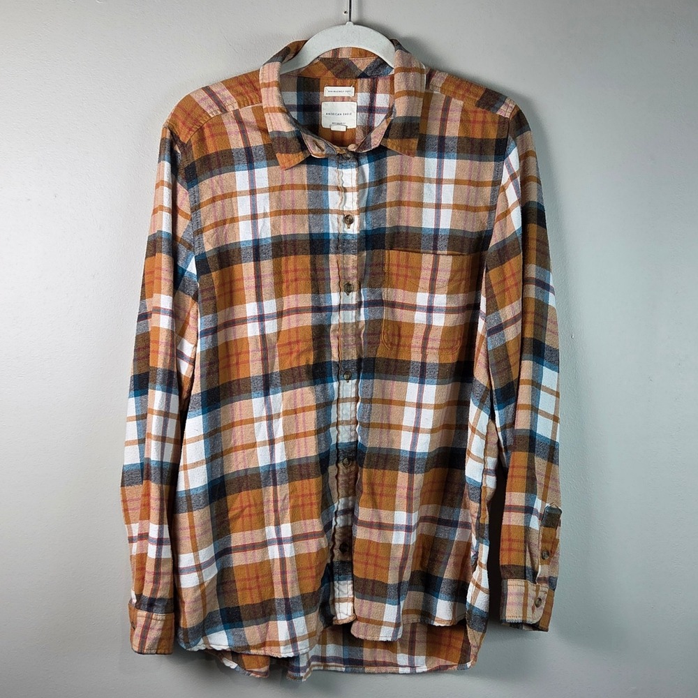 American Eagle Plaid Flannel Shirt Womens XL Orange Brown Boyfriend Top Plaid